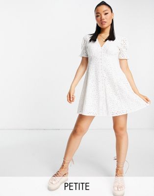 Forever New Petite button up broderie mini dress with frill sleeve in ivory - ASOS Price Checker