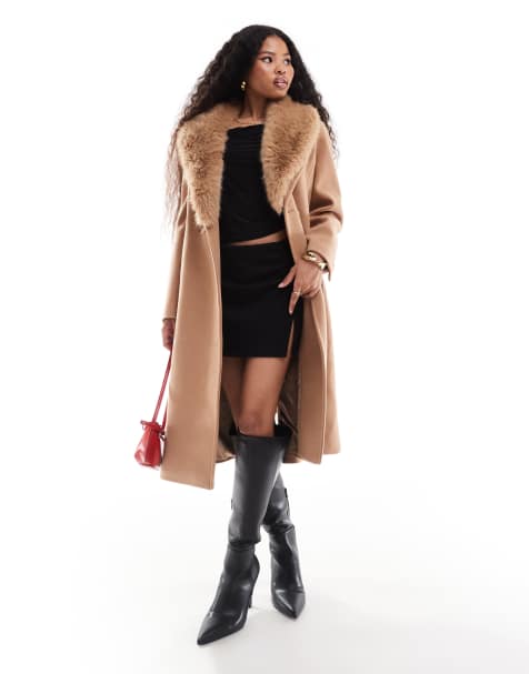 Forever New Petite - Cappotto color cammello con colletto in pelliccia sintetica - view 1