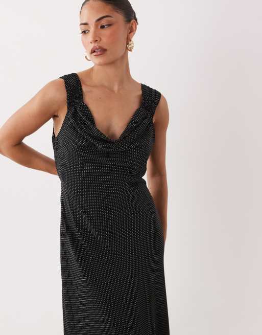 Forever New Petite chiffon off shoulder tie back detail maxi dress in spot, 2 of 4