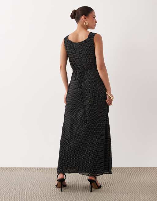 Forever New Petite chiffon off shoulder tie back detail maxi dress in spot, 4 of 4