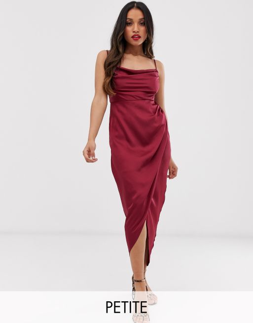 Desirable Allure Wine Red Satin Jacquard Cowl Neck Mini Dress