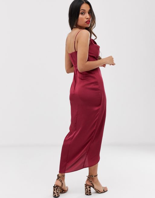 Desirable Allure Wine Red Satin Jacquard Cowl Neck Mini Dress