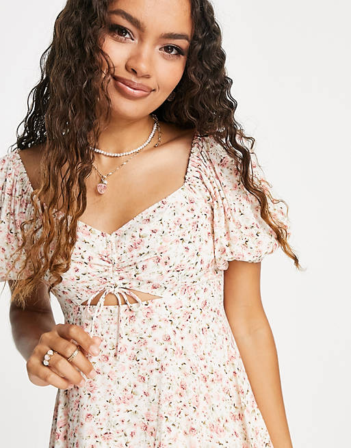 Dresses Forever New Petite cut out puff sleeve mini dress in ditsy floral 