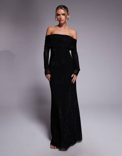 Forever New Petite – Czarna sukienka maxi z dekoltem bardot i dżetami - view 1