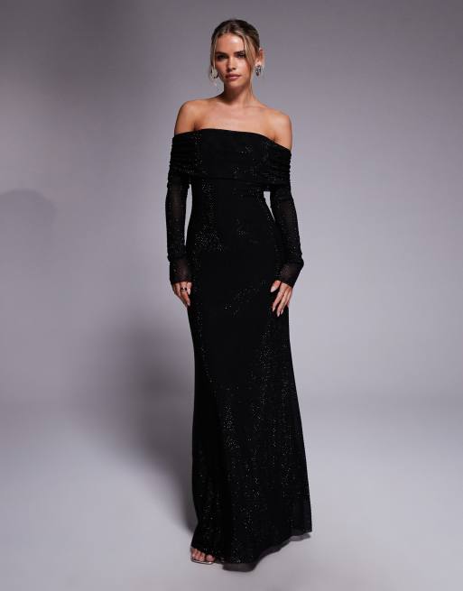 Forever New Petite – Czarna sukienka maxi z dekoltem bardot i dżetami