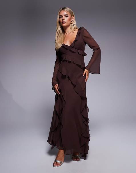 Forever New Petite chiffon ruffle bell sleeve maxi dress in chocolate
