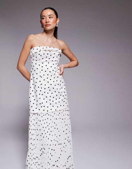 Forever New Petite exclusive bandeau drop waist pleated sheer hem maxi dress  in white polka dot | ASOS