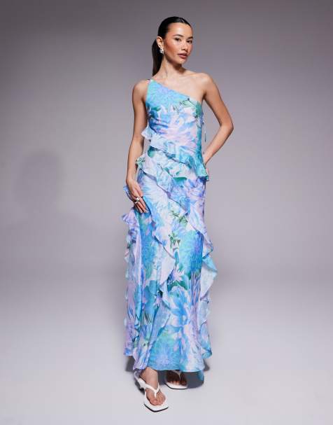 Forever New Petite Exclusive to ASOS one shoulder ruffle maxi dress in blue floral print - view 1