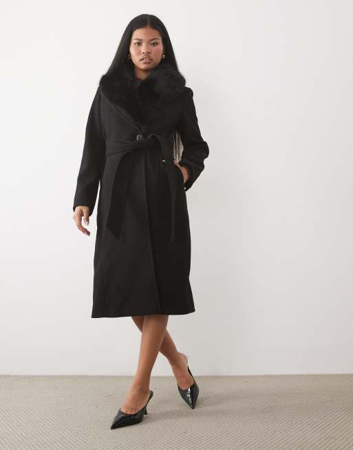 Forever New Petite faux fur belted coat in black, 2 of 4
