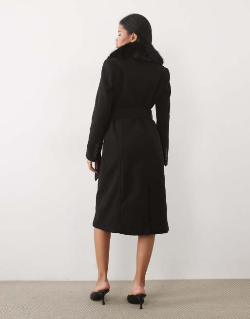 Forever New Petite faux fur belted coat in black, 4 of 4