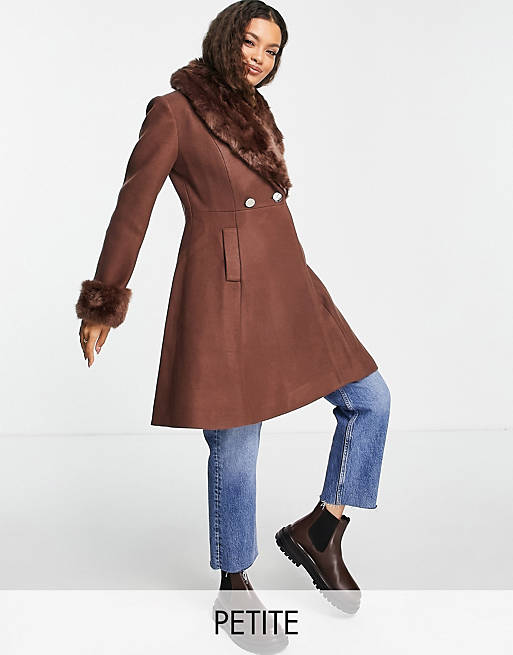 Forever New Petite faux fur collar coat in chocolate brown