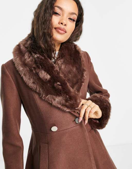 Ever New Curve Faux Fur Collar Coat With Cuffs In Chocolate, 40% OFF