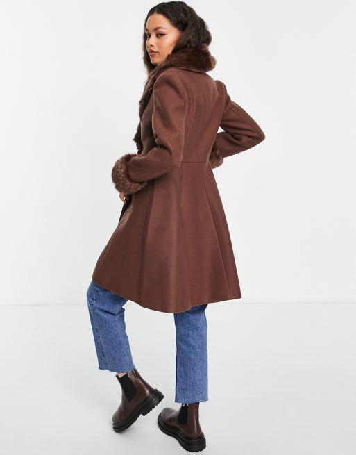 Forever New Petite faux fur collar coat in chocolate brown