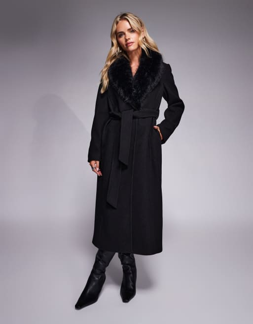 Forever New Petite faux fur collar maxi coat in black, 2 of 4