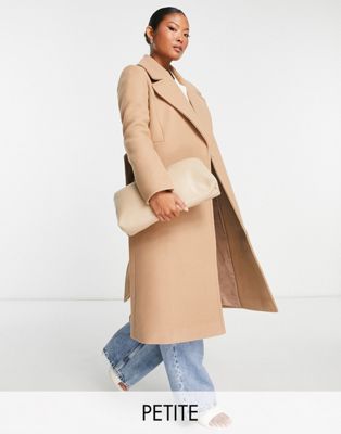 Forever New Petite formal wrap coat with tie belt in camel
