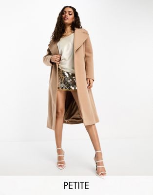 Forever New Petite formal wrap coat with tie belt in camel - ASOS Price Checker