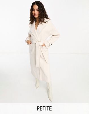 Forever New Petite formal wrap coat with tie belt in cream-White