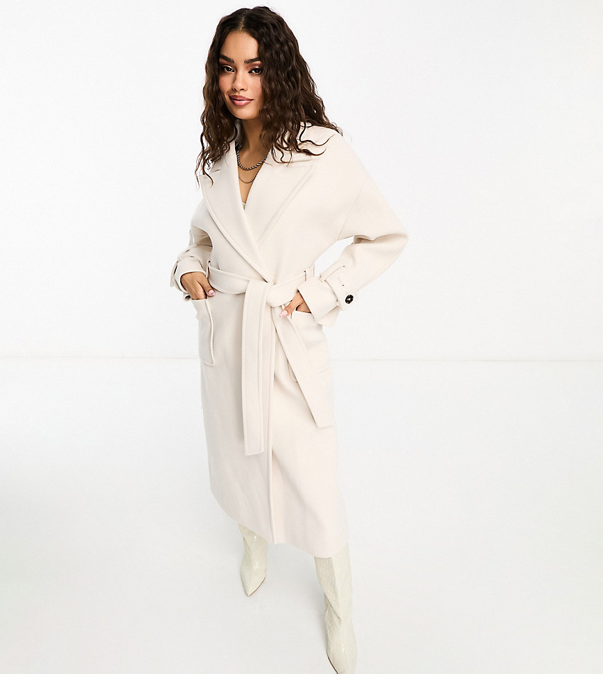 Forever New Petite formal wrap coat with tie belt in cream-White