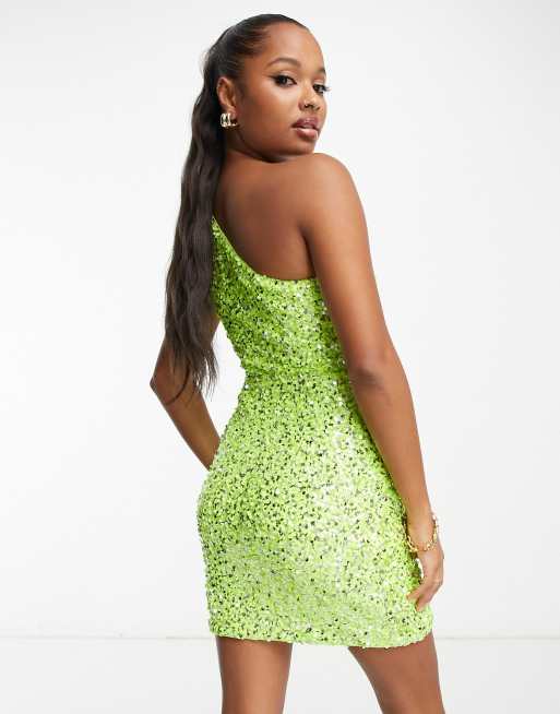 Forever New Petite - Gedrapeerde mini jurk met uitsnijding en lovertjes in limoengroen, 2 van 4