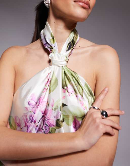 Forever New Petite – Gräddvit, blommig maxiklänning i satin med halterneck, 4 av 4