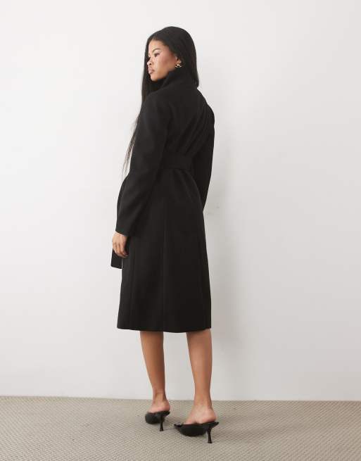 Forever New Petite high neck belt detail long line coat in black, 4 of 4