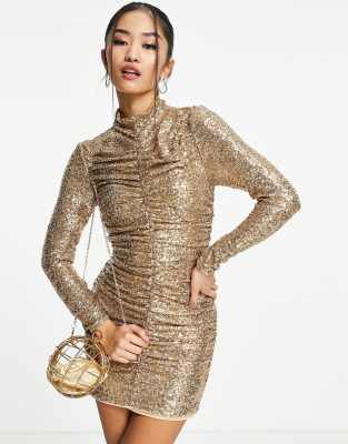 Forever New Petite high neck ruched sequin mini dress in gold - ASOS Price Checker