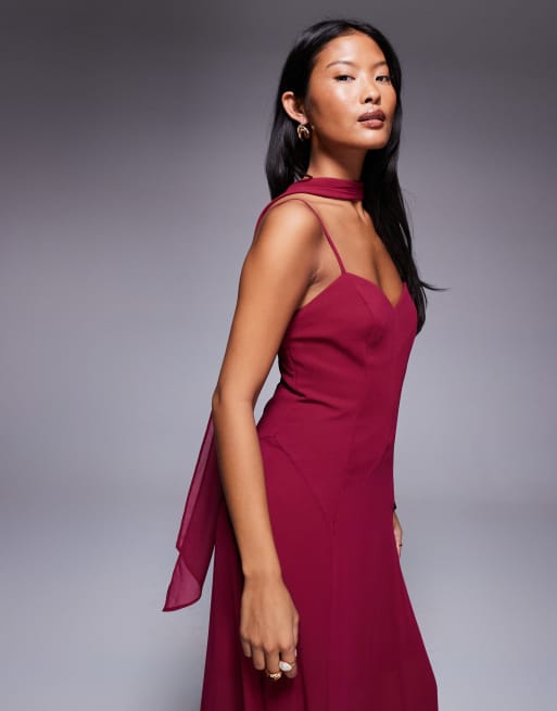 forever new burgundy dress Forever New Petite Honey scarf neck cami strap hanky hem maxi dress in  burgundy