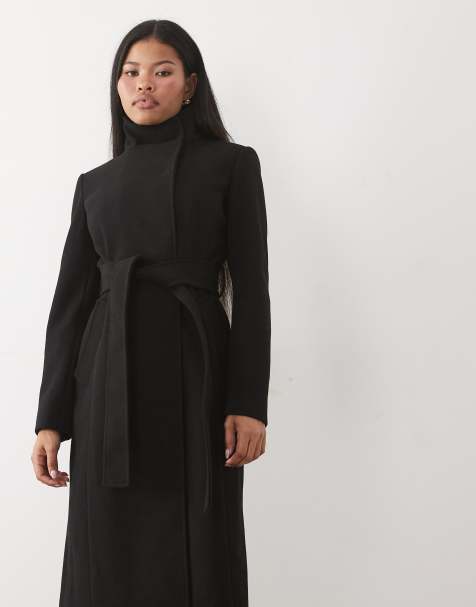 Forever New Petite hoogsluitende jas met ceintuur en lange pasvorm in zwart - view 1
