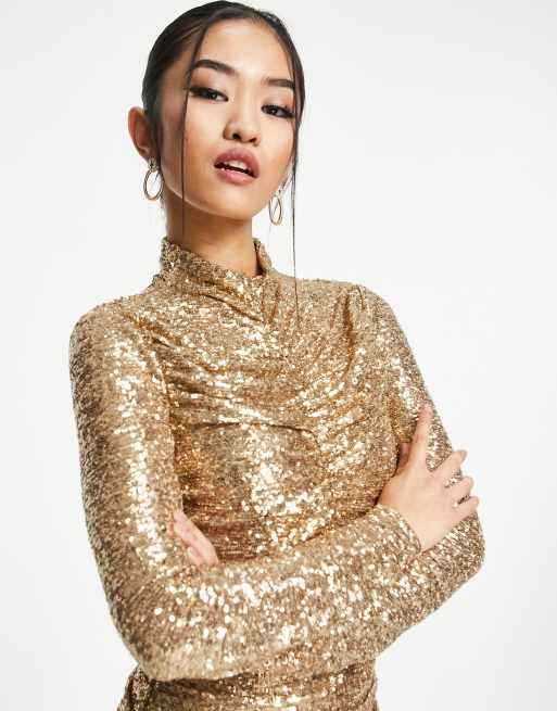 Forever New Petite - Hoogsluitende mini-jurk met rimpeleffect en lovertjes in goud, 3 van 4