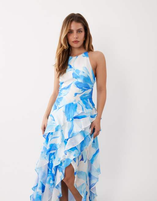 Forever New Petite – Jianna – Gestuftes Maxikleid mit Rüschen und blauem Blumenmuster, 2 von 4