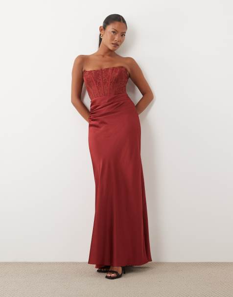 Forever New Petite lace corset drape detail satin maxi dress in rust - view 1