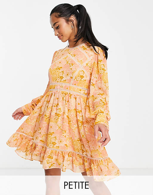 Forever New Petite lace insert mini dress in 70s ochre floral