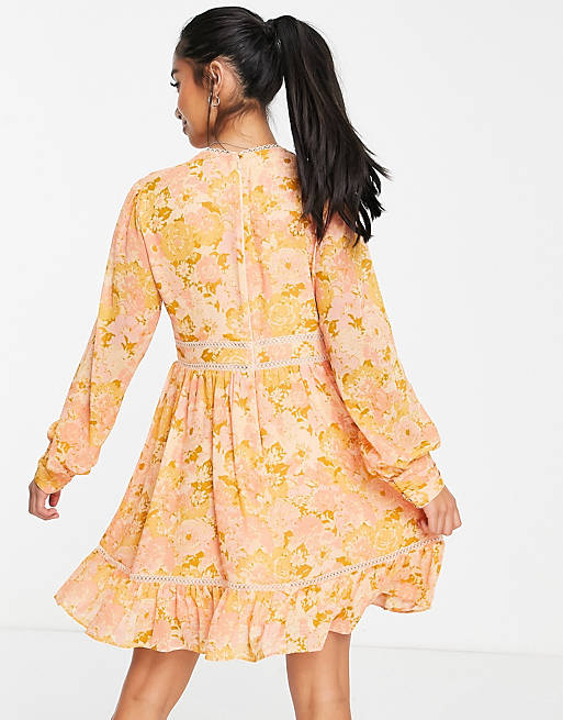 Dresses Forever New Petite lace insert mini dress in 70s ochre floral 