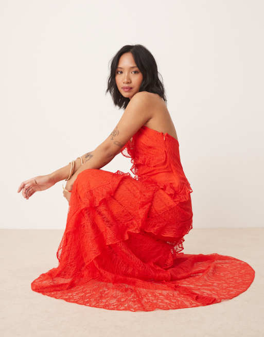 Forever New Petite lace ruffle maxi dress in red | ASOS