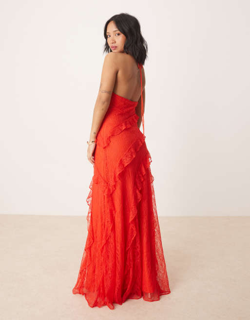 Forever New Petite lace ruffle maxi dress in red | ASOS