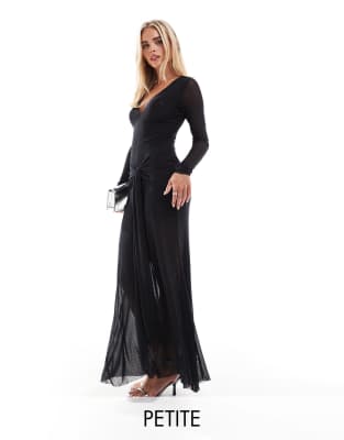 Forever New Petite - Langärmliges Maxikleid in Schwarz mit tiefem Ausschnitt und Strassbesatz