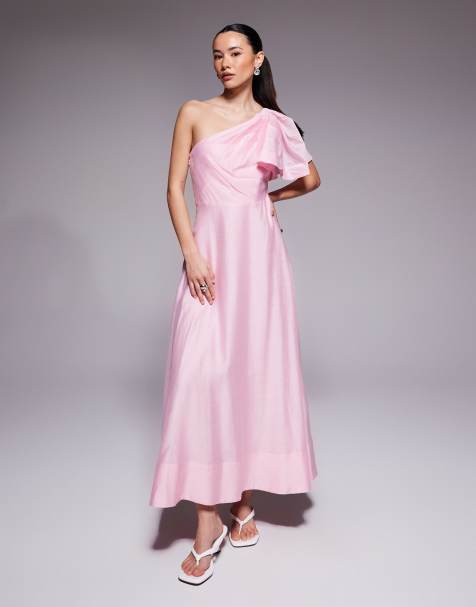 Forever New Petite linen-blend one-shoulder midi dress in pink - view 1