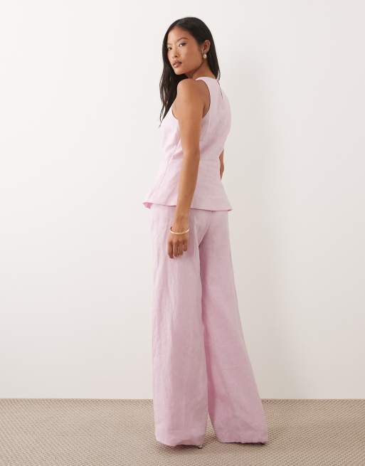 Forever New Petite linen blend tailored wide leg trouser co-ord in light pink, 3 of 5