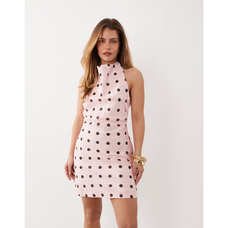 Forever New Petite linen cowl neck mini dress in pink polka dot | ASOS