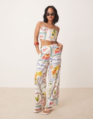 Forever New Petite Forever New Petite linen trouser co-ord in postcard print-White