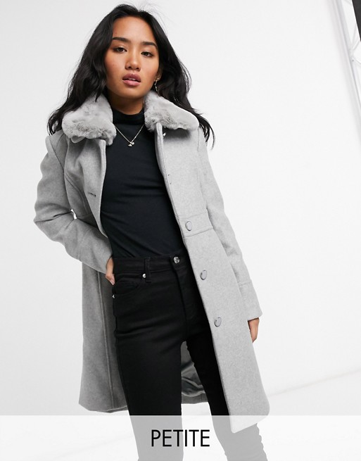 Forever New Petite long coat with faux fur collar in grey