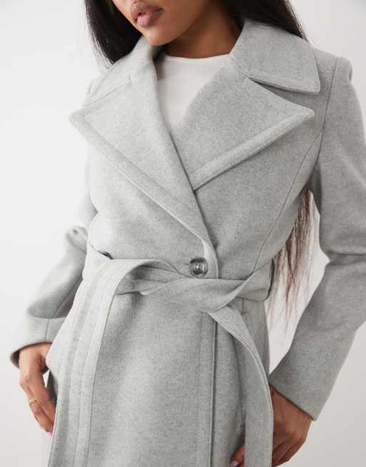 Forever New Petite long line button down belt detail coat in grey, 3 of 4