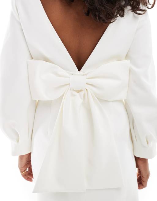 Forever New Petite long sleeve bow back mini dress in ivory | ASOS