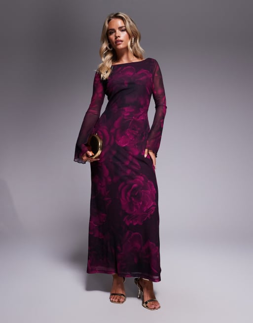 Forever New Petite long sleeve mesh slip maxi dress in plum rose, 2 of 4