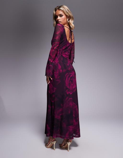 Forever New Petite long sleeve mesh slip maxi dress in plum rose, 3 of 4