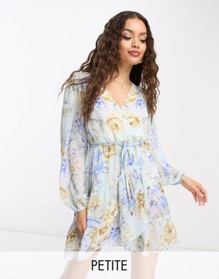 Forever New Petite long sleeve mini dress in blue floral
