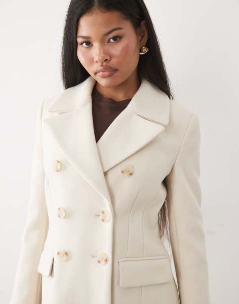 Forever New Petite longline frakke med indsnøret talje i råhvid - view 1