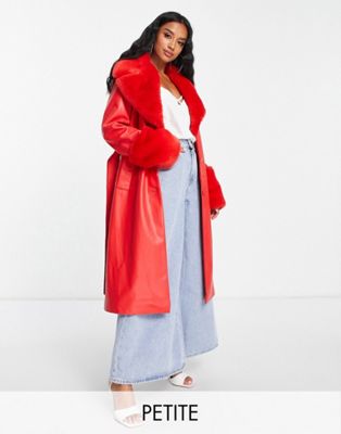 Forever New Petite faux fur belted PU coat in pillarbox red - ASOS Price Checker