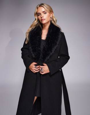 Forever New Petite - Manteau long avec col en fausse fourrure - Noir-Neutre