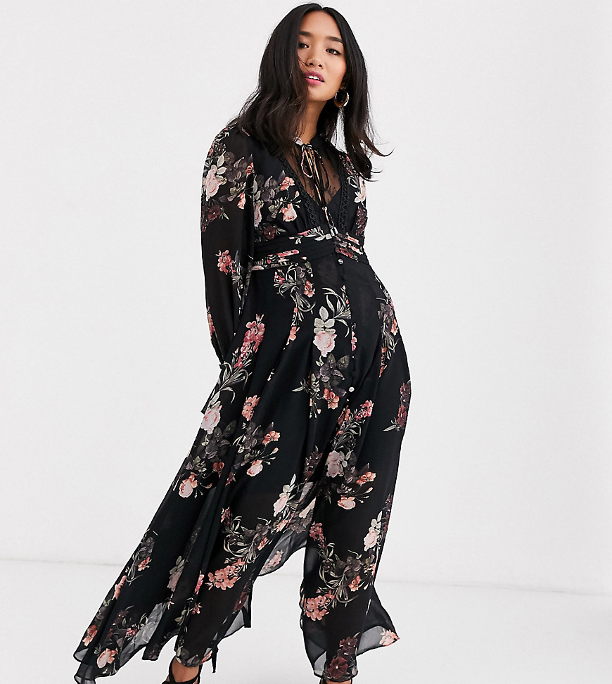 Forever New Petite maxi dress in black floral-Multi